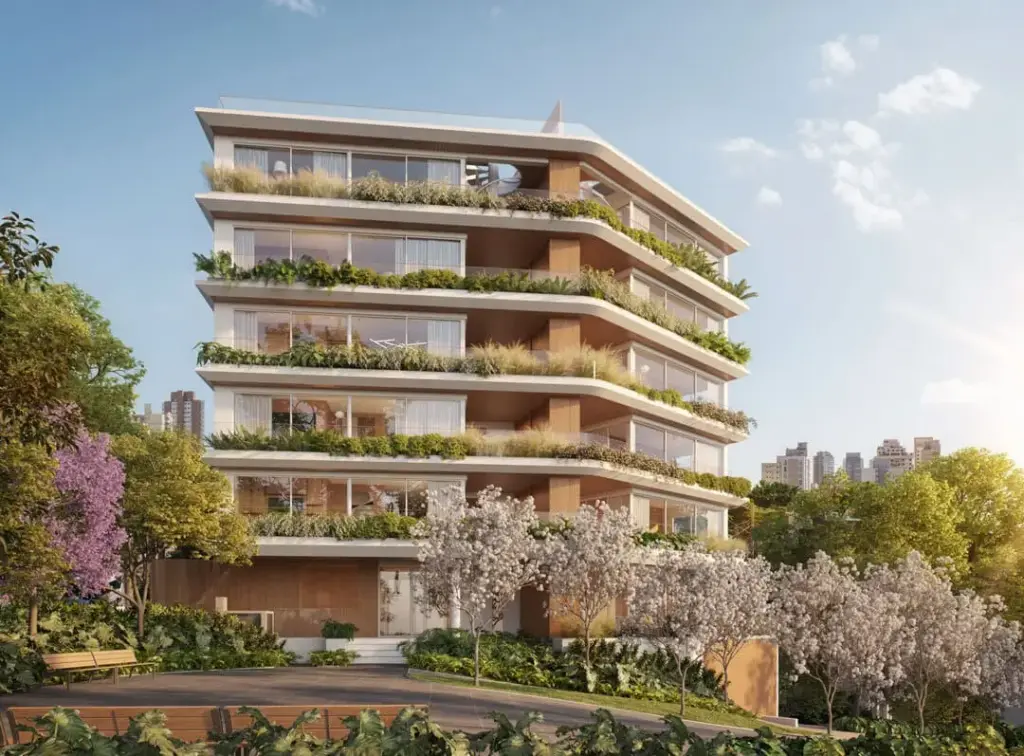 Fachada Contemporânea Do Edifício Pádua 114, Na Rua Senador Pádua Sales 114 – Higienópolis, São Paulo, Com Linhas Elegantes De Anastassiadis Arquitetos E Paisagismo De Rodrigo Oliveira.