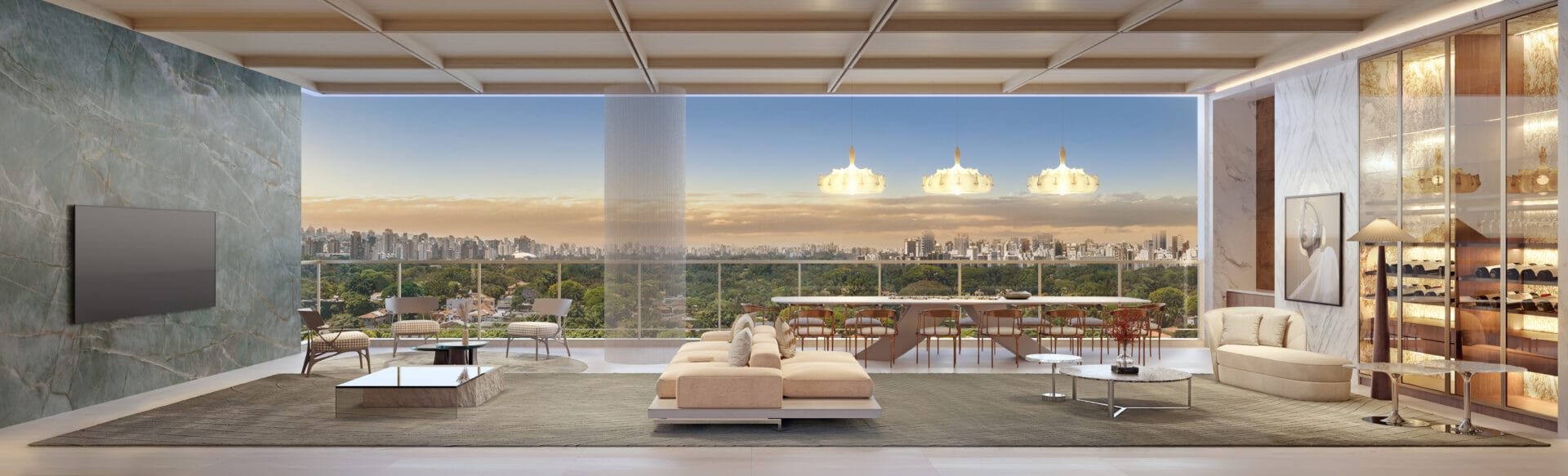 Living do apartamento de 320 m² no ZEN Cyrela & YOO Ibirapuera, em São Paulo — integração entre sala e varanda gourmet com vista definitiva para o Parque Ibirapuera e design assinado pelo YOO Studio by Philippe Starck.