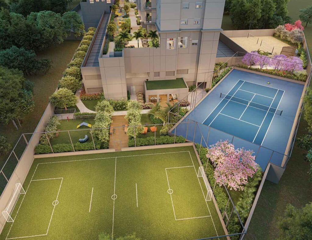 Vista Aérea Das Quadras De Esportes Do Reserva São Caetano Parque, Lançamento Eztec Em São Caetano Do Sul, Com Quadra Oficial De Tênis E Duas Quadras De Beach Tennis Cercadas Por Paisagismo De Benedito Abbud.