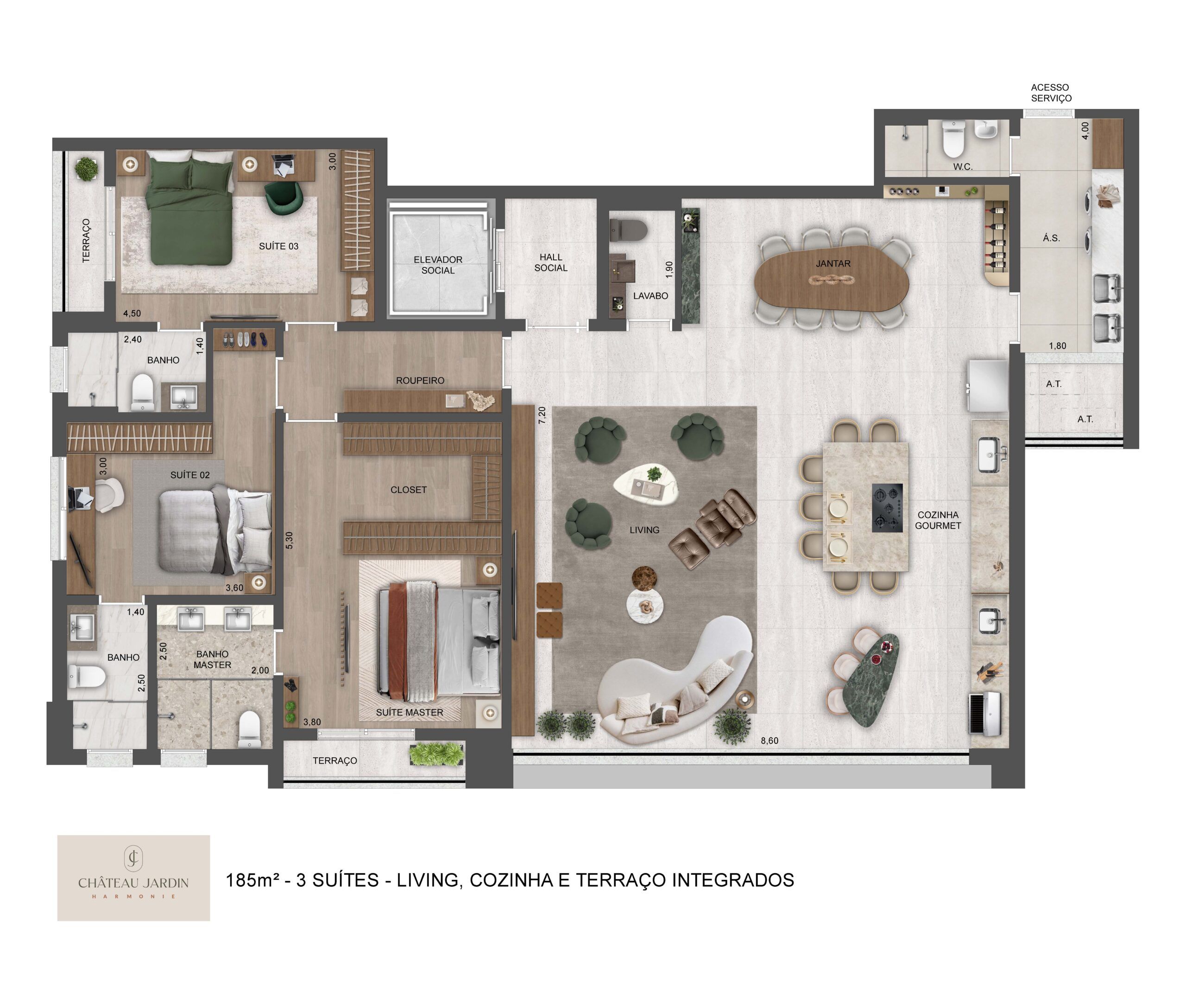 Harmonie - 185m² - 3 Suítes - Living, cozinha e terraço integrados