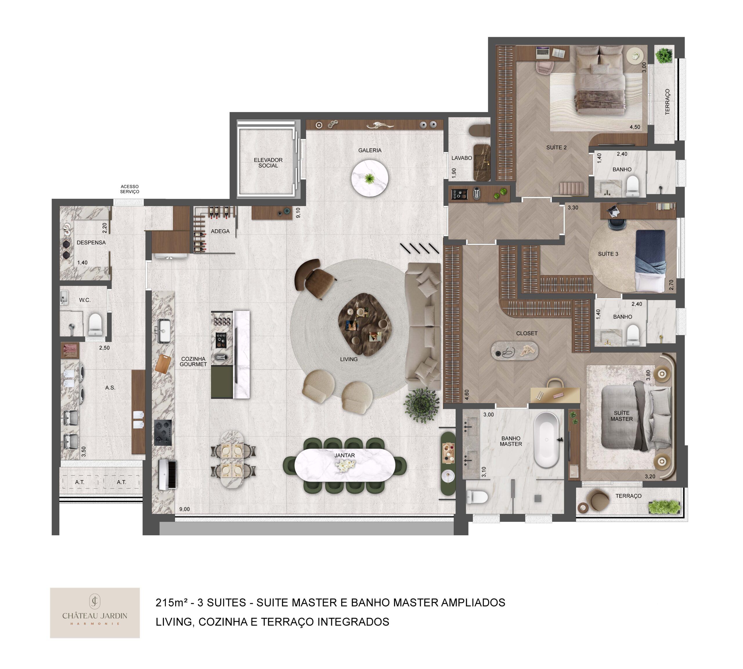 Harmonie - 215m²- 3 Suítes - Suíte master e banho master ampliados - Living, cozinha e terraço integrados