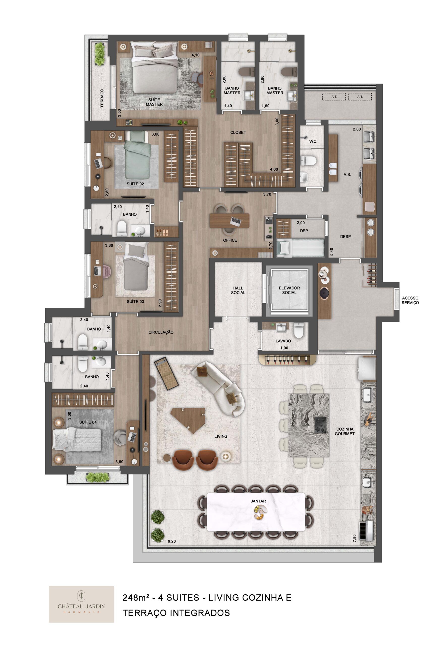 Harmonie - 248m²- 4 Suítes - Living, cozinha e terraço integrados