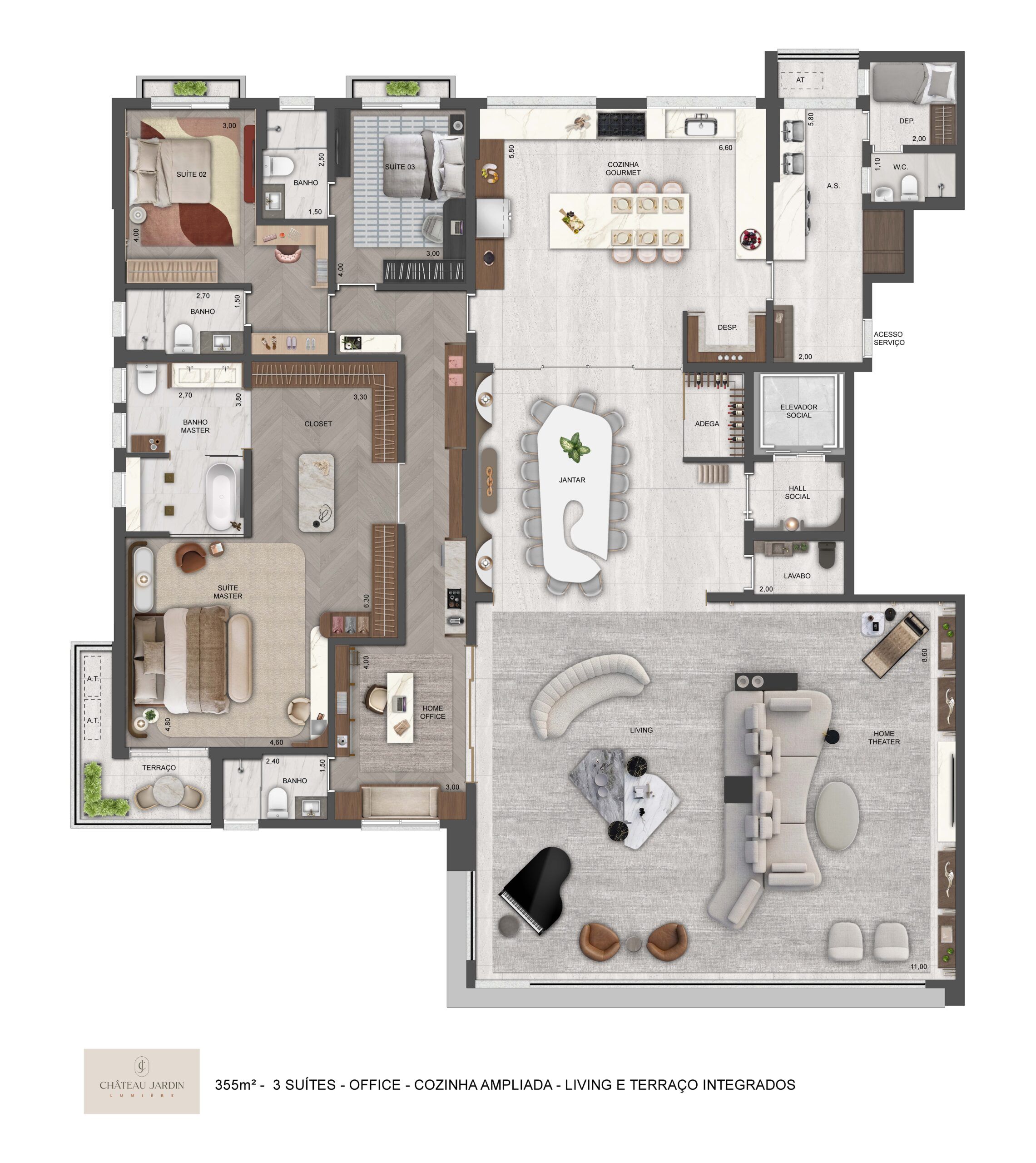 Lumière - 355m² - 3 Suítes - Office - Cozinha ampliada - Living e terraço integrados