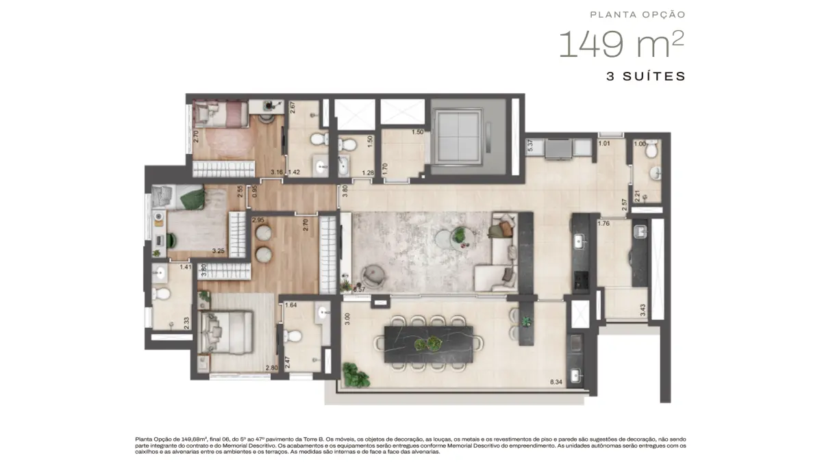 Jardim da Hípica - Planta Planta Opção de 149m² com 3 Suítes