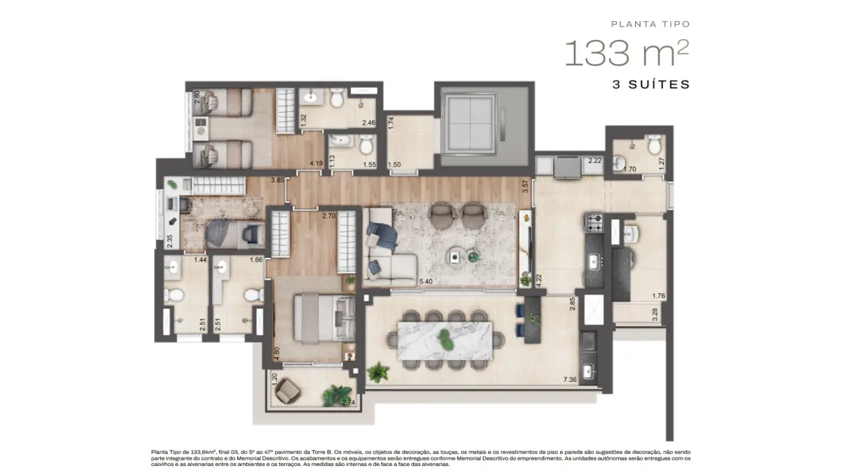 Jardim da Hípica - Planta Planta Tipo de 133m² com 3 Suítes