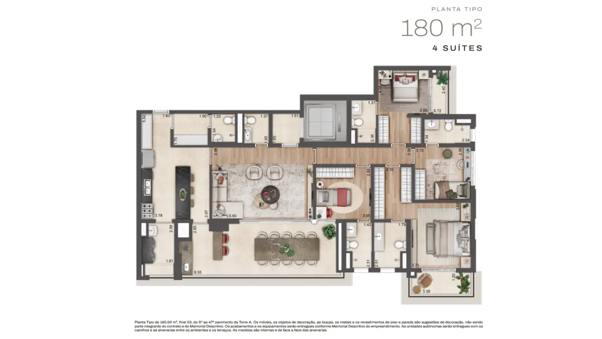 Jardim da Hípica - Planta Planta Tipo de 180m² com 4 Suítes