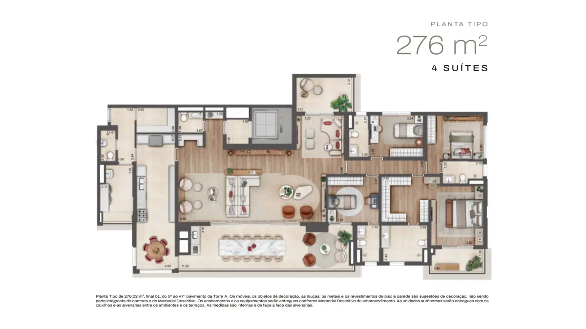 Jardim da Hípica - Planta Planta Tipo de 276m² com 4 Suítes