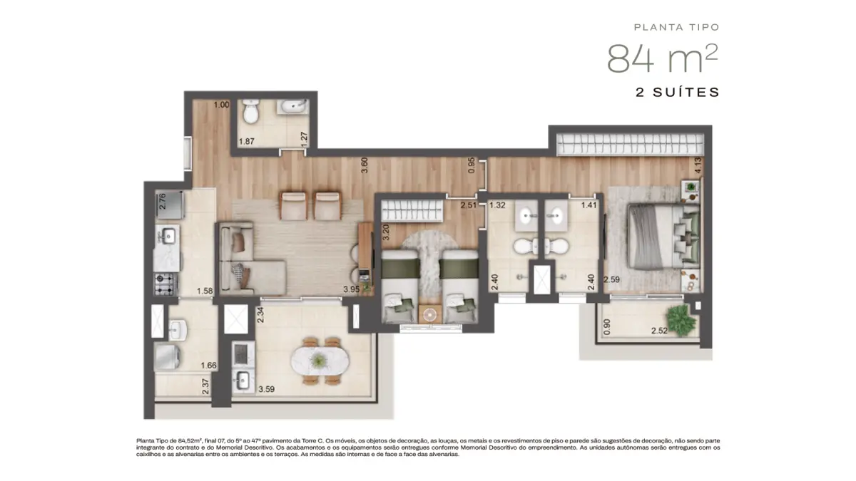 Jardim da Hípica - Planta Planta Tipo de 84m² com 2 Suítes