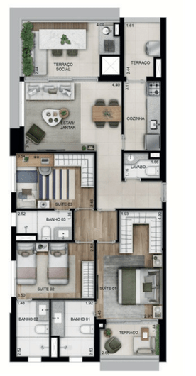 Nova Vivere Caminhos da Lapa - Planta Planta de 105m² com 3 Suítes