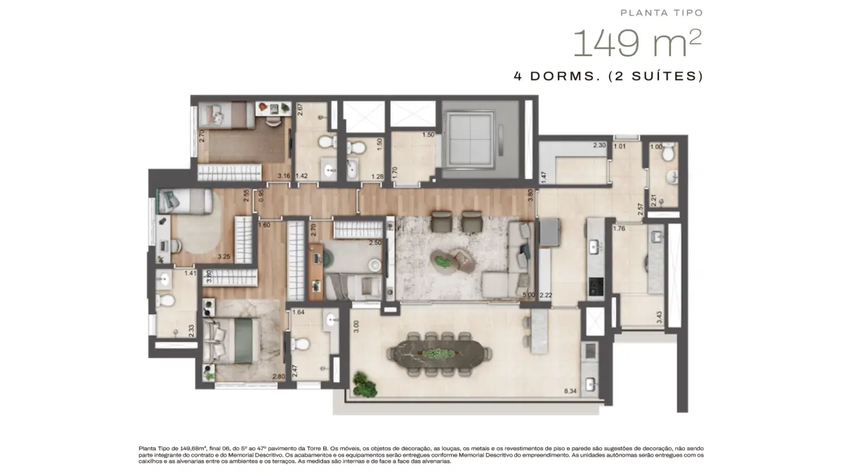 Jardim da Hípica - Planta Planta de 149m² com 4 Quartos e 2 Suítes
