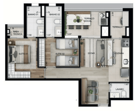 Nova Vivere Caminhos da Lapa - Planta Planta de 72m² com 2 Suítes 