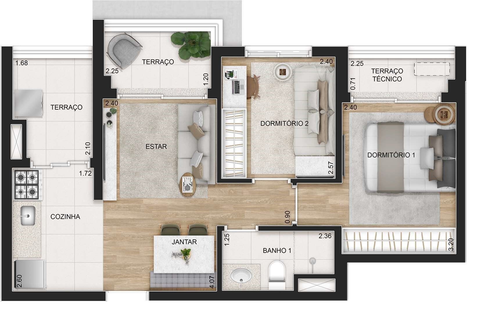 Universo Tatuapé Órbita - Planta Planta de 2 Dormitórios com 51m²