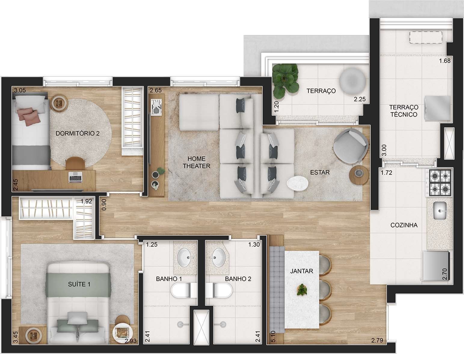 Universo Tatuapé Órbita - Planta Planta de 2 Dormitórios com 69m²