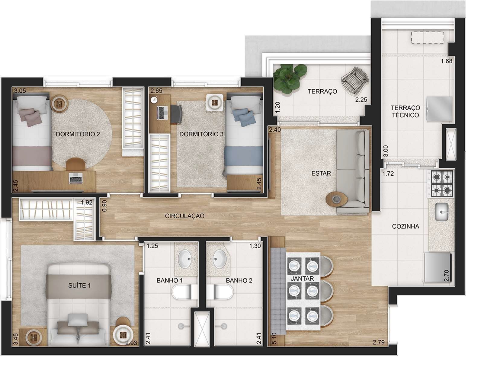 Universo Tatuapé Órbita - Planta Planta de 3 Dormitórios com 69m²