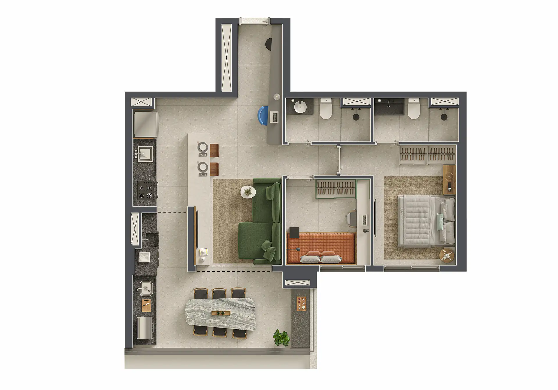Ibiti Alto da Boa Vista - Planta Planta de 70m² com 2 Dormitórios