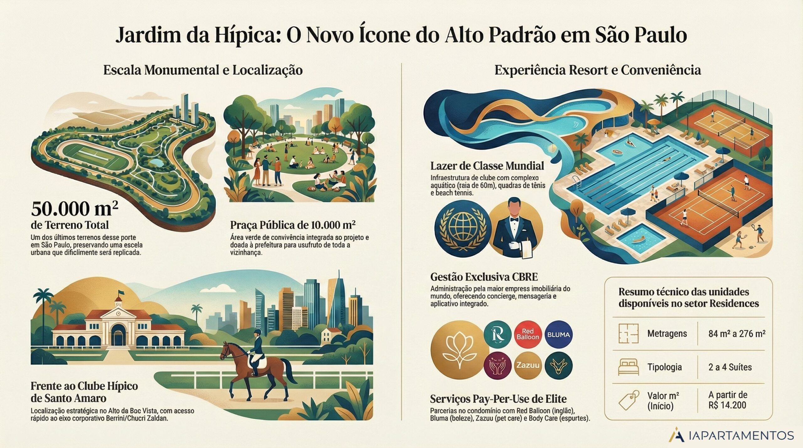 Infográfico Detalhando Os Números E A Infraestrutura Do Lançamento Residencial Jardim Da Hípica Da Lavvi, Localizado No Alto Da Boa Vista, Na Zona Sul De São Paulo. A Imagem Destaca A Grandiosidade Do Terreno De Aproximadamente 50 Mil Metros Quadrados, Que Inclui Uma Nova Praça Pública De 10 Mil Metros Quadrados.O Material Visualiza As Opções De Apartamentos De Alto Padrão Com Plantas De 84 A 276 Metros Quadrados, Variando De 2 A 4 Suítes.Também Ilustra A Infraestrutura De Resort Do Condomínio, Evidenciando A Piscina Descoberta Com Raia De 60 Metros, A Piscina Coberta, E Quadras De Tênis E Beach Tennis.Por Fim, O Gráfico Lista Os Serviços Premium Do Condomínio Com Gestão Da Cbre, Exibindo As Marcas Parcerias Red Balloon, Bodycare, Zazuu E Smartbreak.