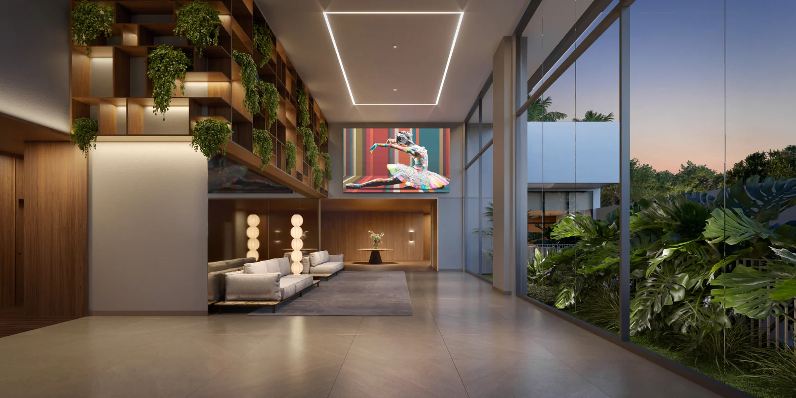 ALMÁ Pinheiros — hall social com pé-direito duplo e obra de arte autoral — curadoria iApartamentos — Pinheiros