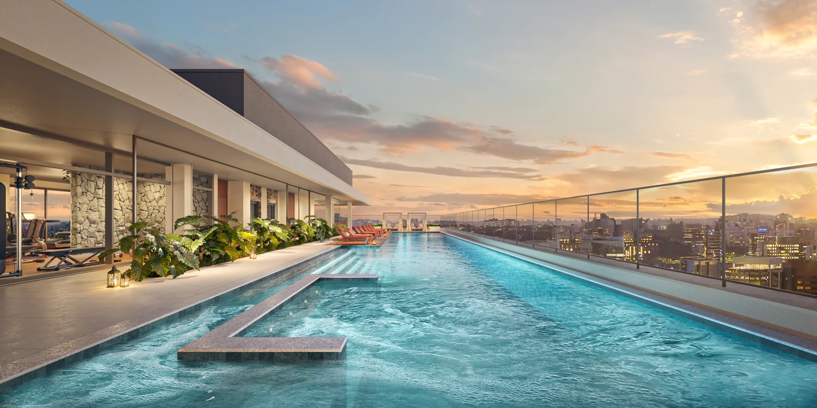 ALMÁ Pinheiros — piscina com raia de 25 m no rooftop do 27º andar com vista para São Paulo — curadoria iApartamentos — Pinheiros
