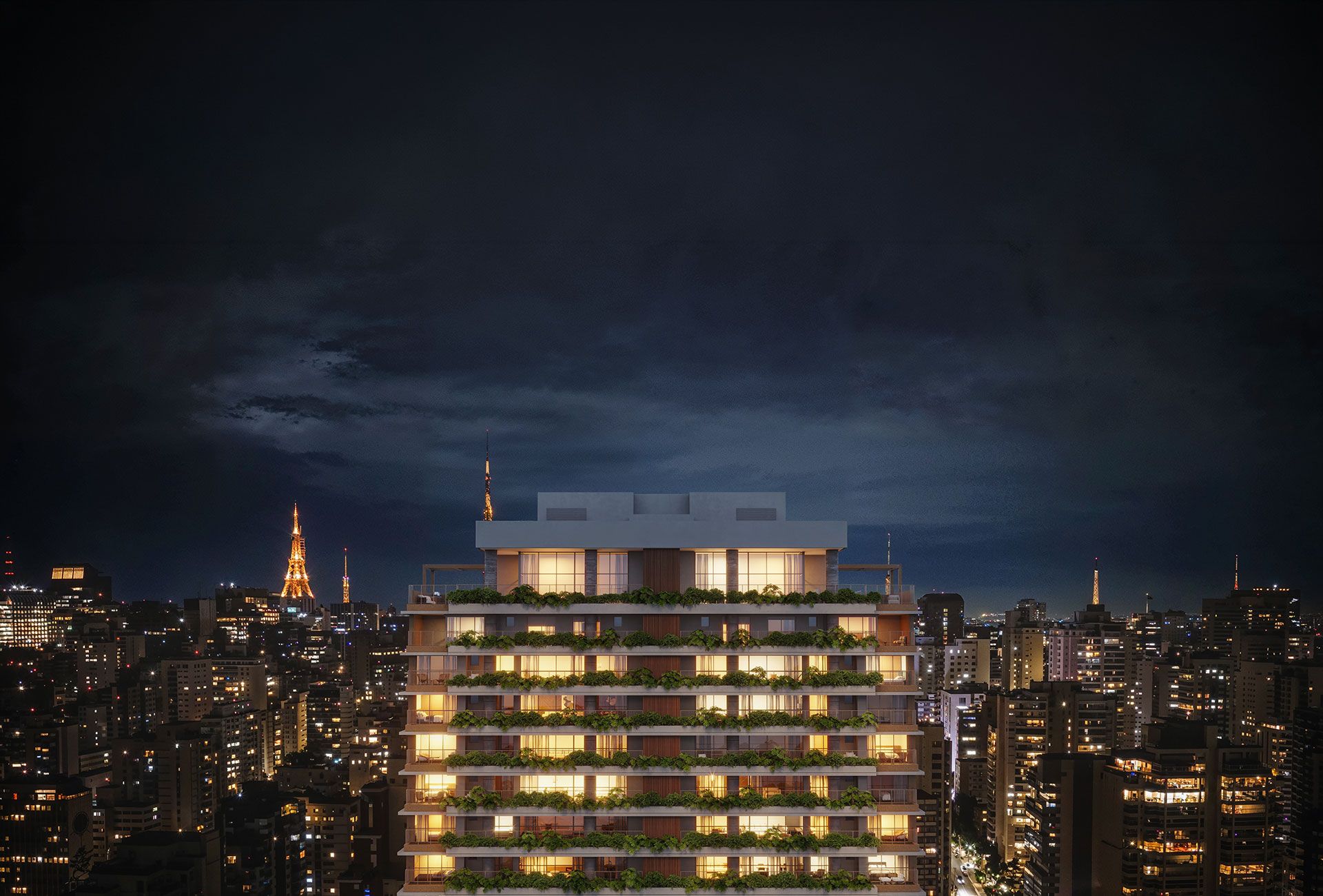ETERNO Alma Brasileira — Fachada Noturna — curadoria iApartamentos — Paraíso