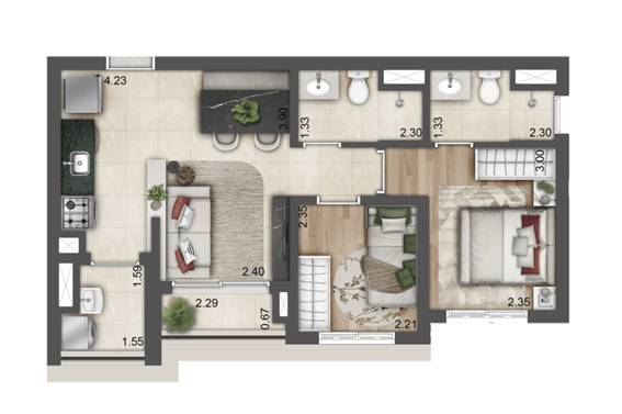 Planta de 48m² - Torre E - Jardim da Hípica Apartments