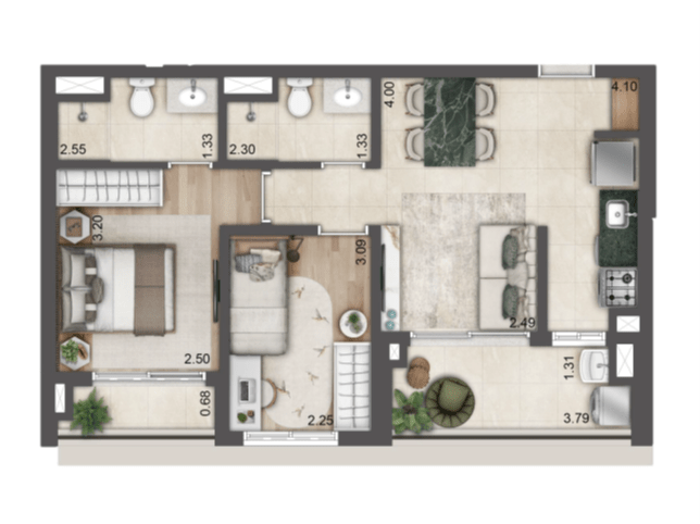 Planta de 56m² - Torre F - Jardim da Hípica Apartments