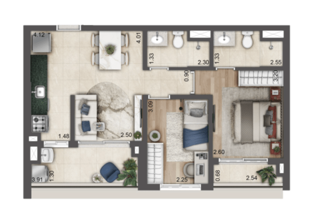 Planta de 57m² - Torre E - Jardim da Hípica Apartments