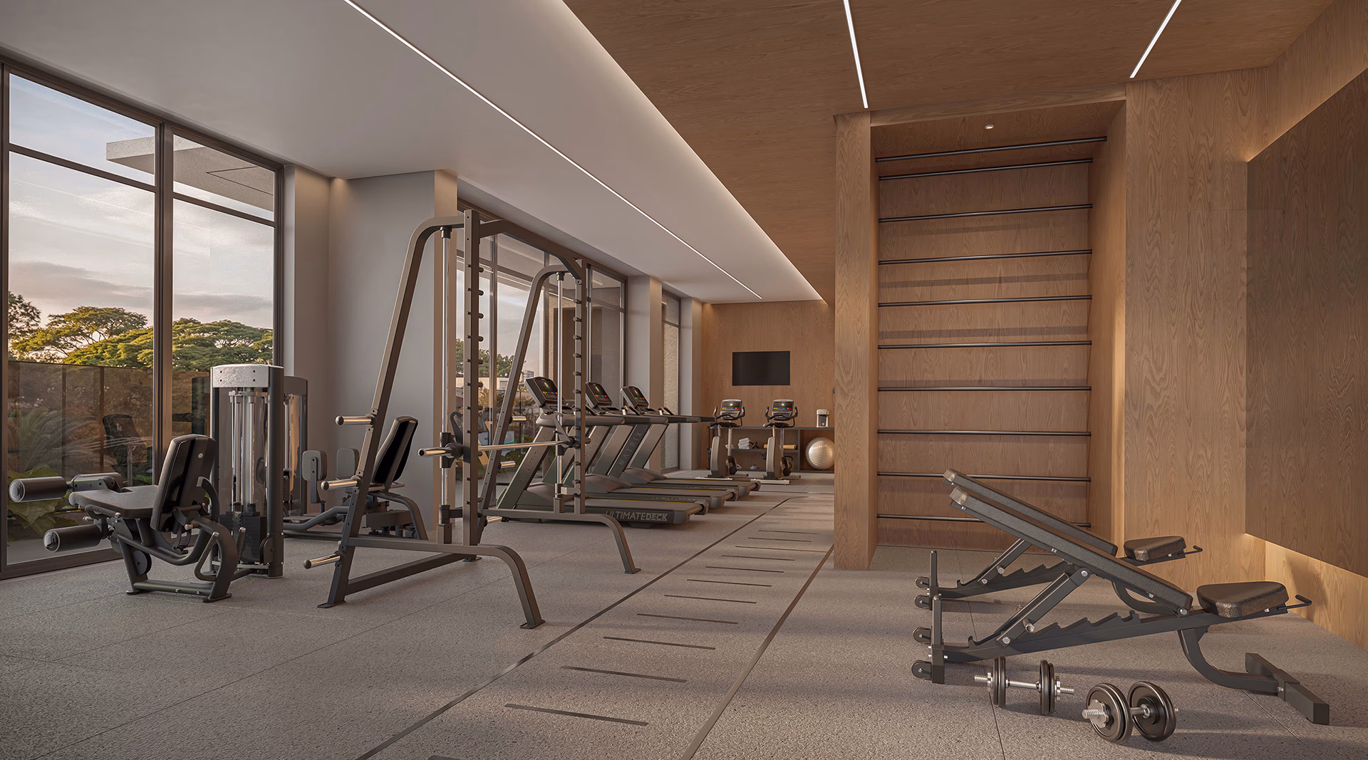 Academia fitness do Helbor Lens Moema com equipamentos modernos para exercícios em Moema, São Paulo