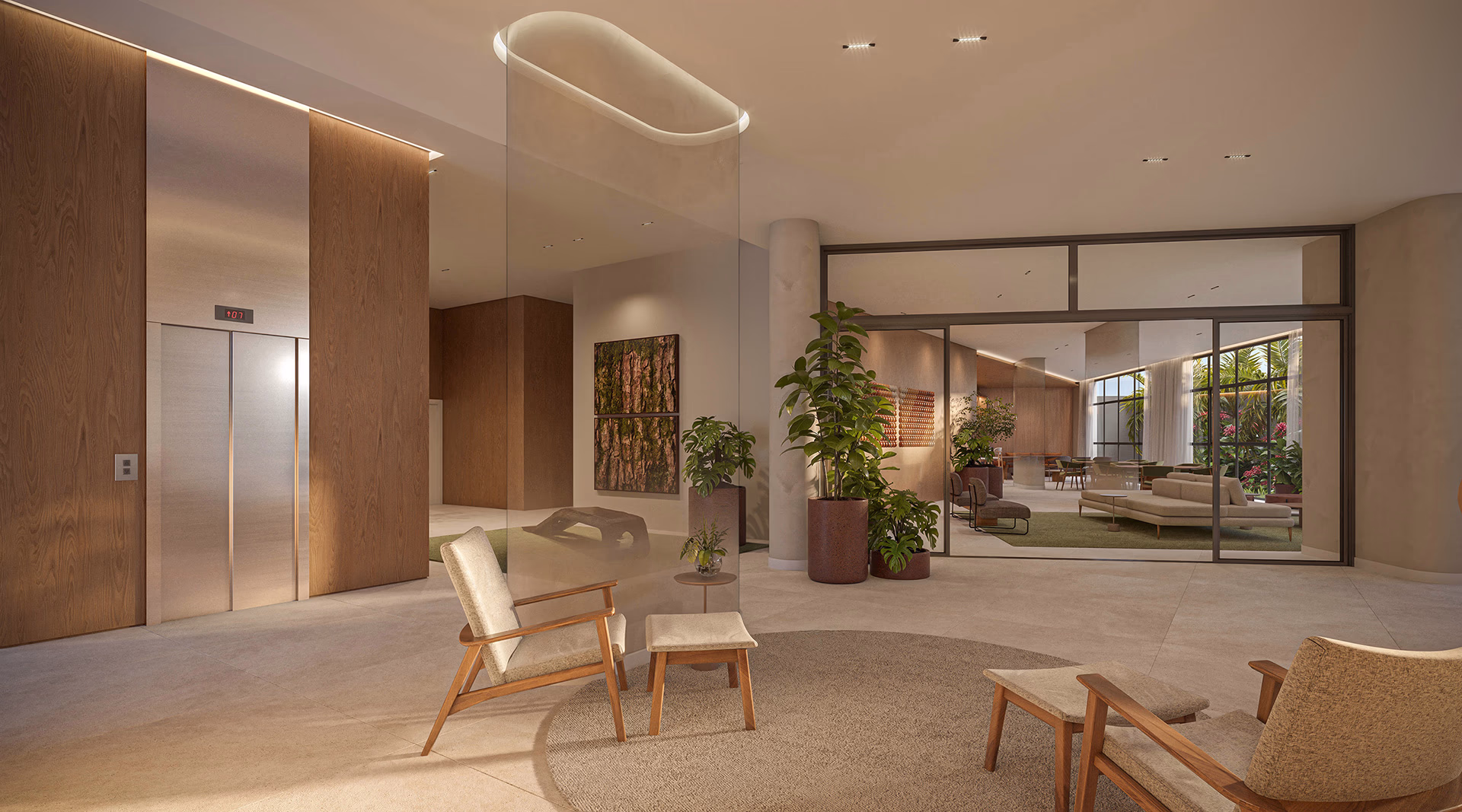 Lobby de entrada do Helbor Lens Moema com decoração sofisticada e iluminação de design em Moema, São Paulo