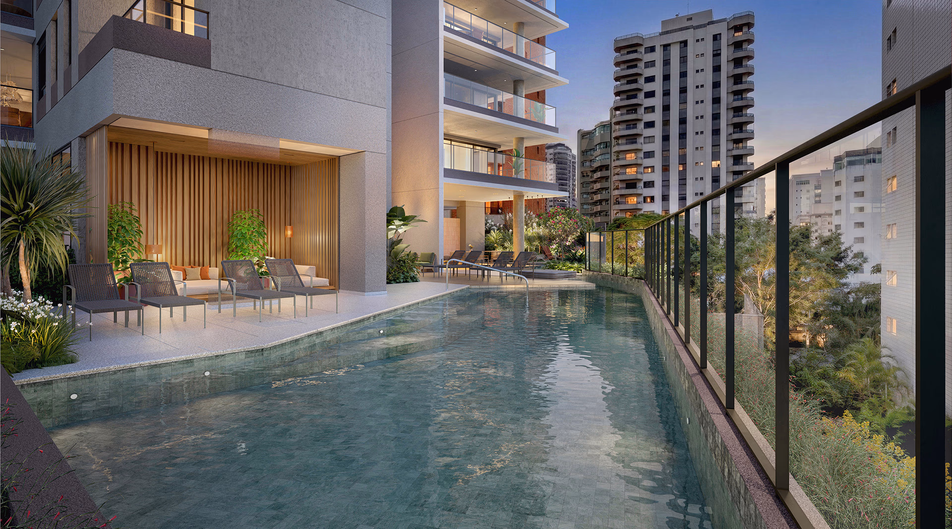 Piscina adulto do Helbor Lens Moema com deck e área de lazer de alto padrão em Moema, São Paulo