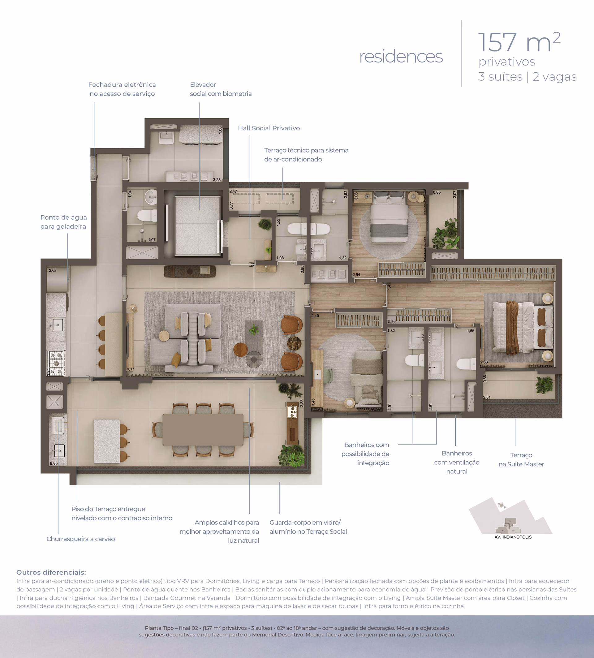 Planta baixa do apartamento de 3 suítes opção 2 do Helbor Lens Moema com distribuição dos ambientes em Moema, São Paulo