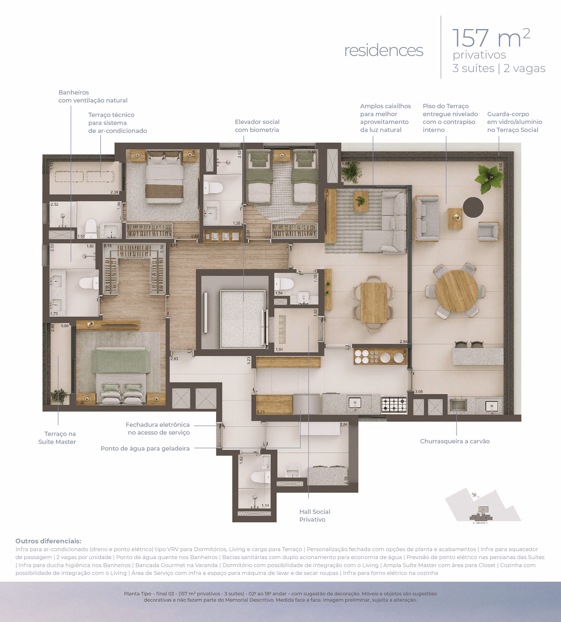 Planta baixa do apartamento de 3 suítes opção 3 do Helbor Lens Moema com layout alternativo dos ambientes em Moema, São Paulo