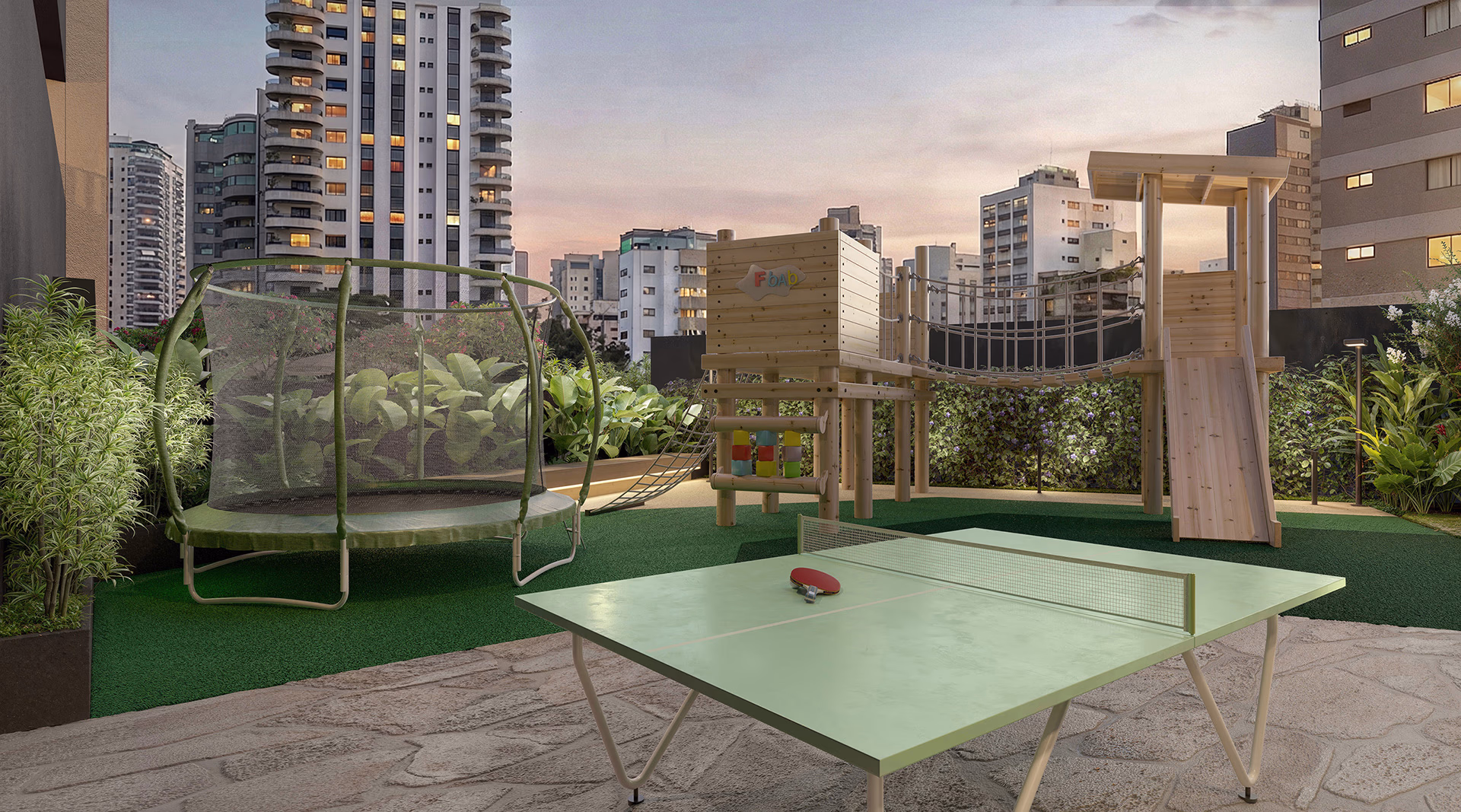 Playground do Helbor Lens Moema com equipamentos infantis e área verde em Moema, São Paulo