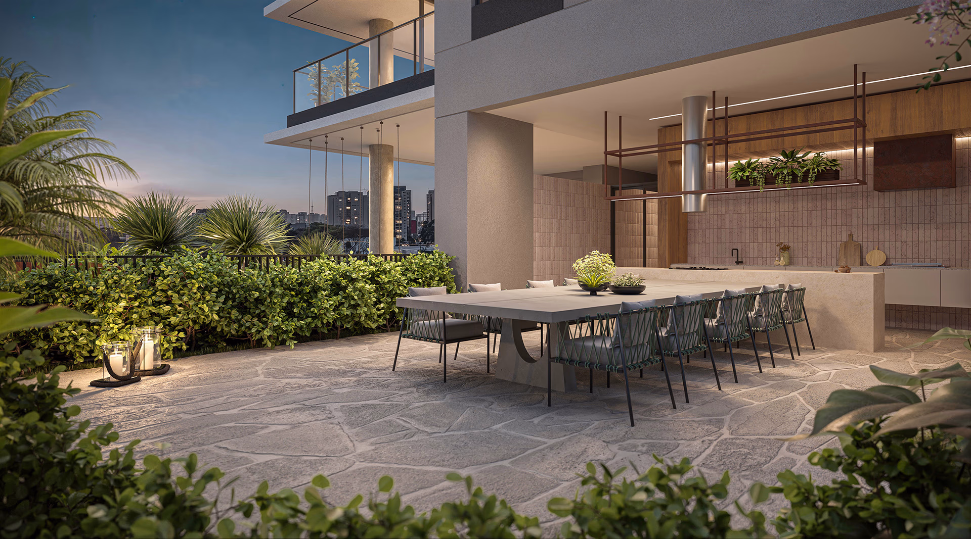 Varanda gourmet do Helbor Lens Moema com espaço para churrasqueira e entretenimento em Moema, São Paulo