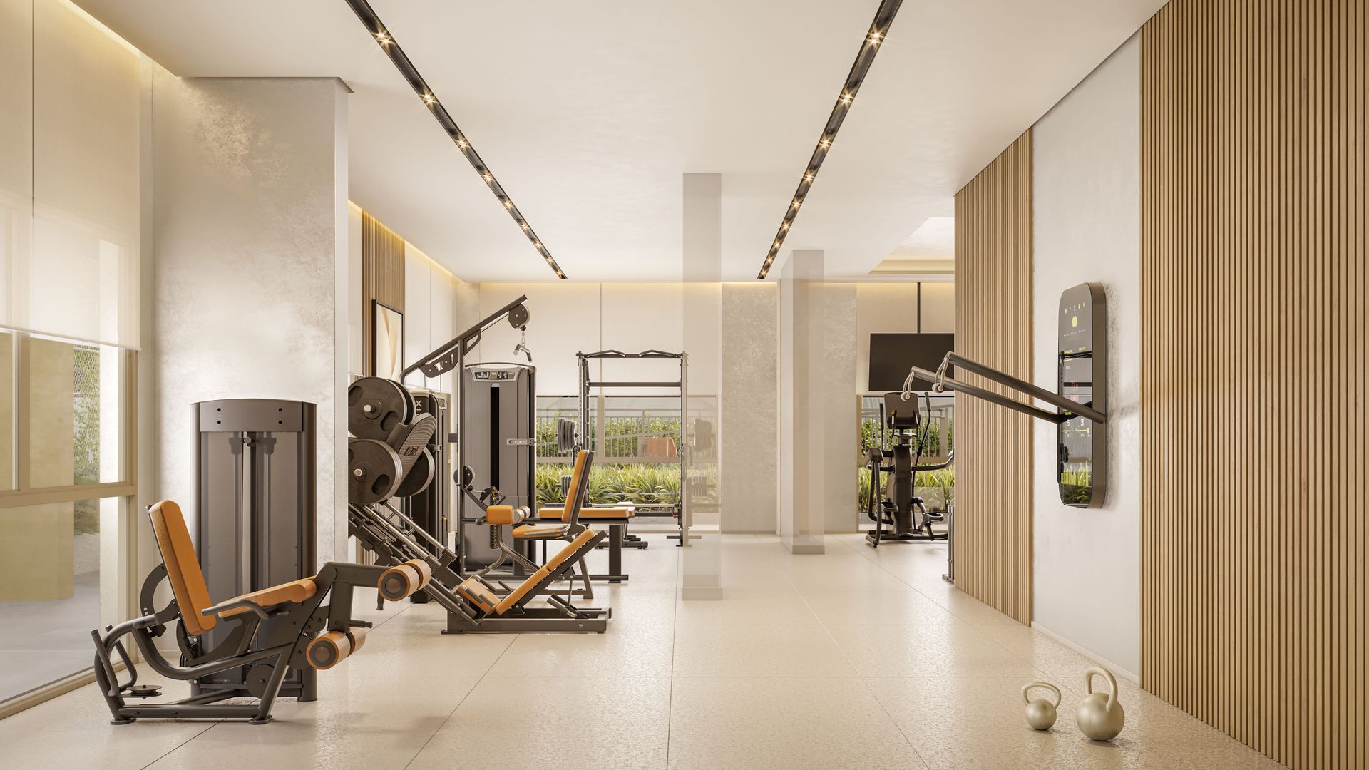 The Grand Residence — fitness center vista panorâmica com estações de musculação — curadoria iApartamentos — Brooklin