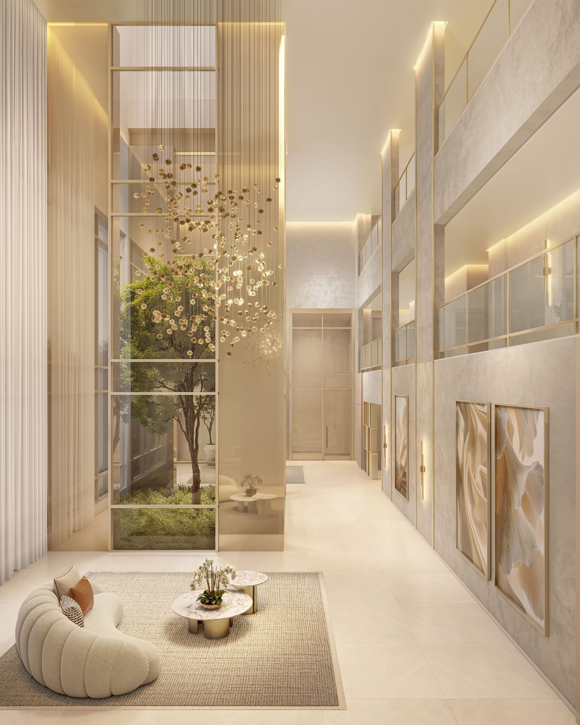 The Grand Residence — lobby com vista ampla e detalhes em mármore e madeira — curadoria iApartamentos — Brooklin