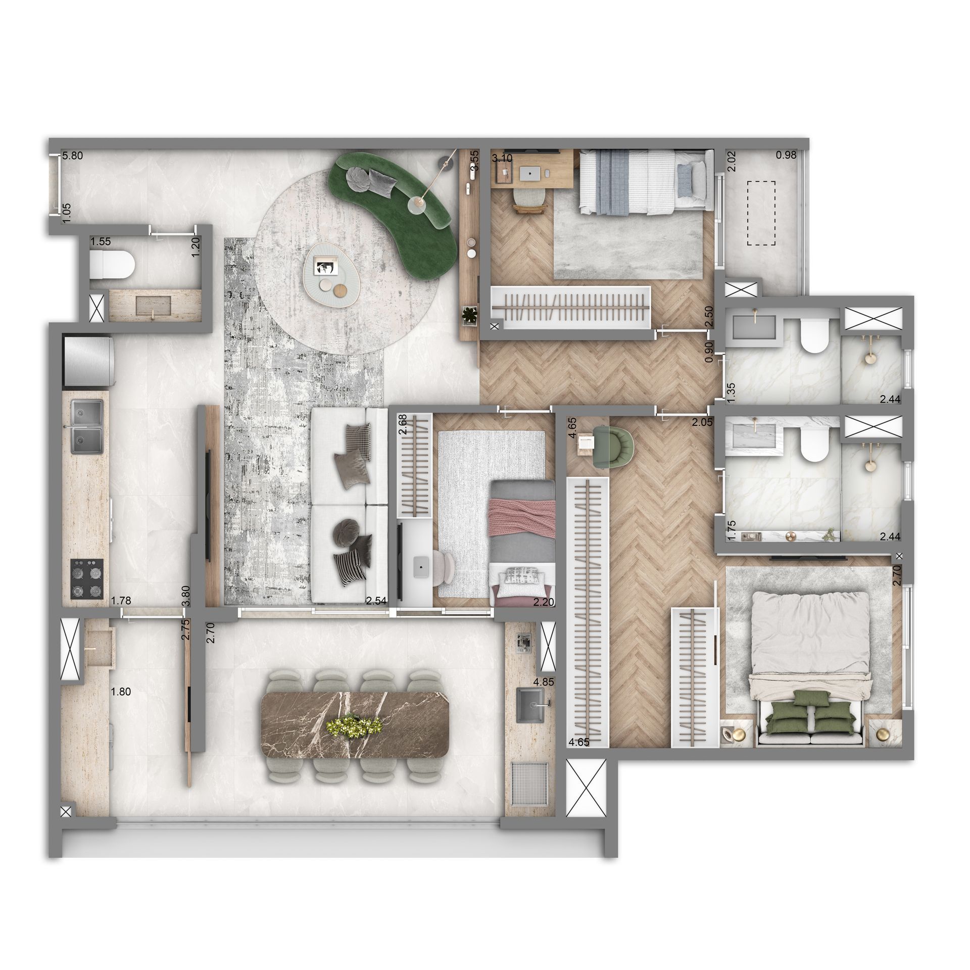 The Grand Residence — planta tipo 105m² opção 01 — curadoria iApartamentos — Brooklin
