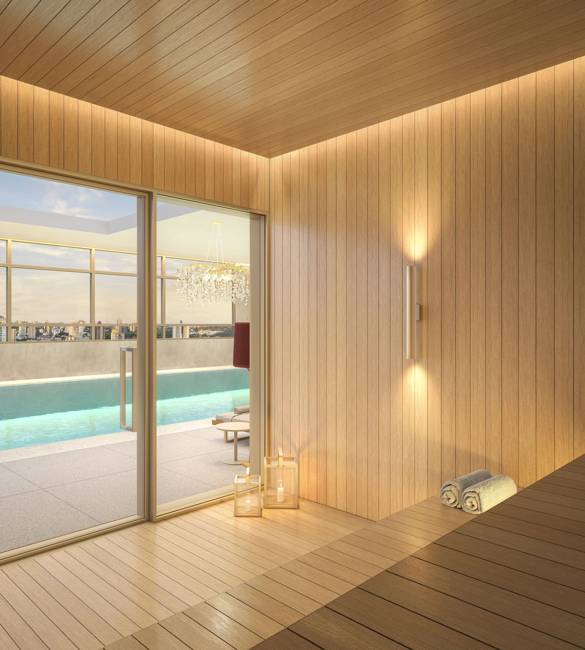 The Grand Residence — sauna com revestimento em madeira nobre e ambiente de relaxamento — curadoria iApartamentos — Brooklin