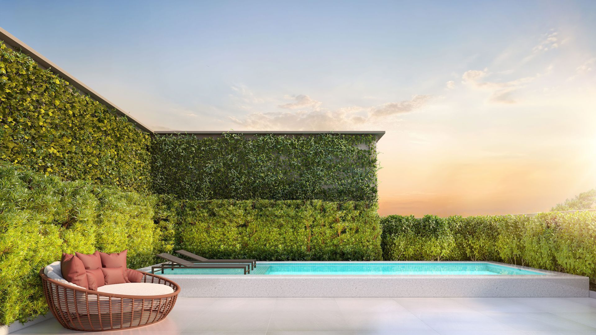 The Grand Residence — The Swimming Pool, piscina externa com deck e jardim vertical — curadoria iApartamentos — Brooklin