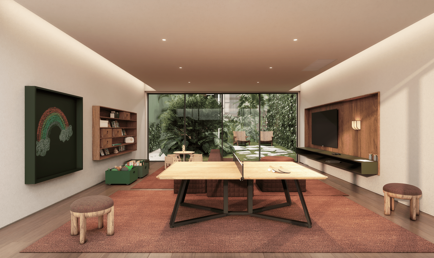 Samanea Pinheiros — Brinquedoteca infantil com mesa de atividades e jardim — curadoria iApartamentos — Pinheiros