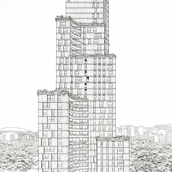 Samanea Pinheiros — Desenho técnico em linha da fachada da torre — curadoria iApartamentos — Pinheiros