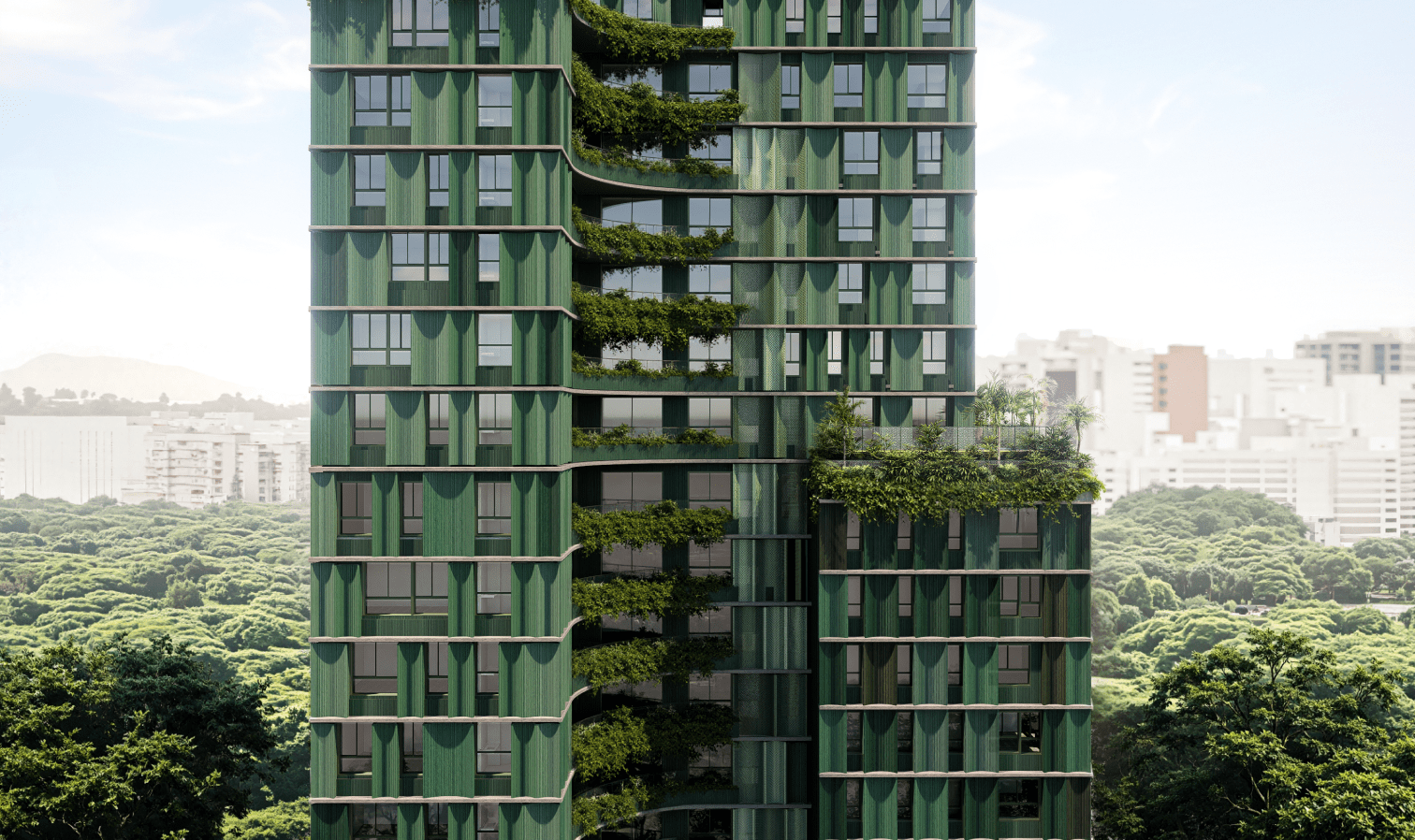 Samanea Pinheiros — Detalhe da fachada verde com brises curvos e varandas ajardinadas — curadoria iApartamentos — Pinheiros