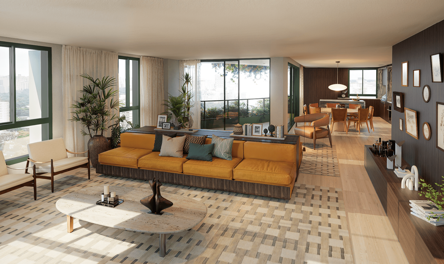 Samanea Pinheiros — Living integrado com varanda e sala de jantar — curadoria iApartamentos — Pinheiros