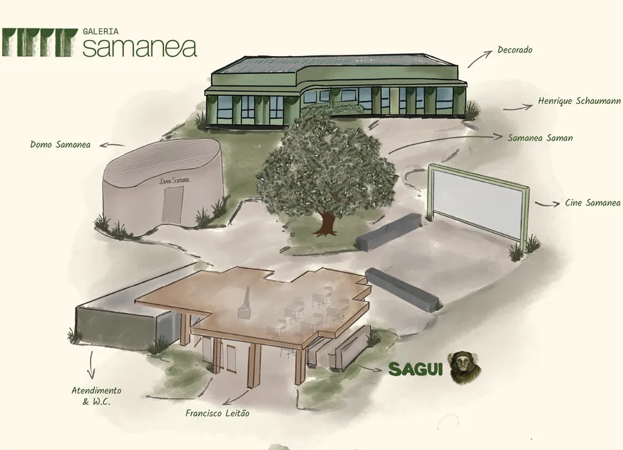 Samanea Pinheiros — Mapa ilustrado do stand de vendas Galeria Samanea — curadoria iApartamentos — Pinheiros