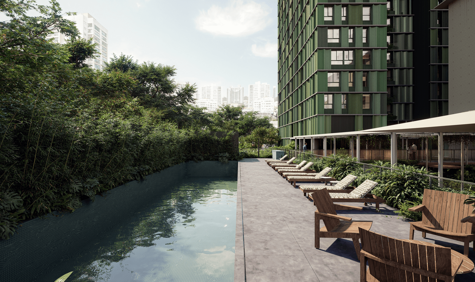 Samanea Pinheiros — Piscina externa com deck, espreguiçadeiras e vista arborizada — curadoria iApartamentos — Pinheiros