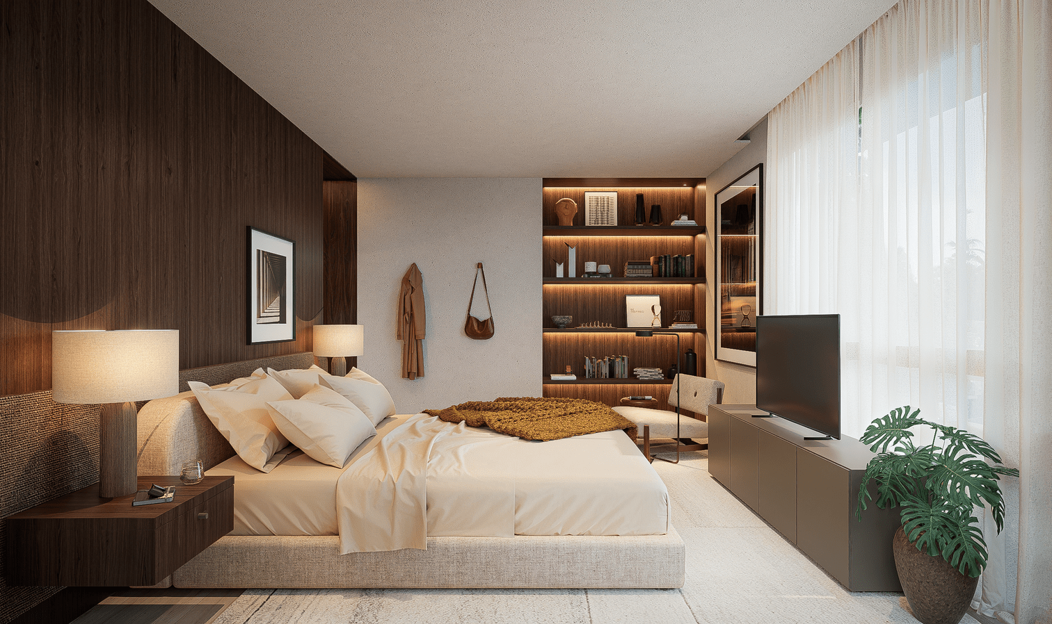 Samanea Pinheiros — Suíte master decorada com painel de madeira e estante — curadoria iApartamentos — Pinheiros