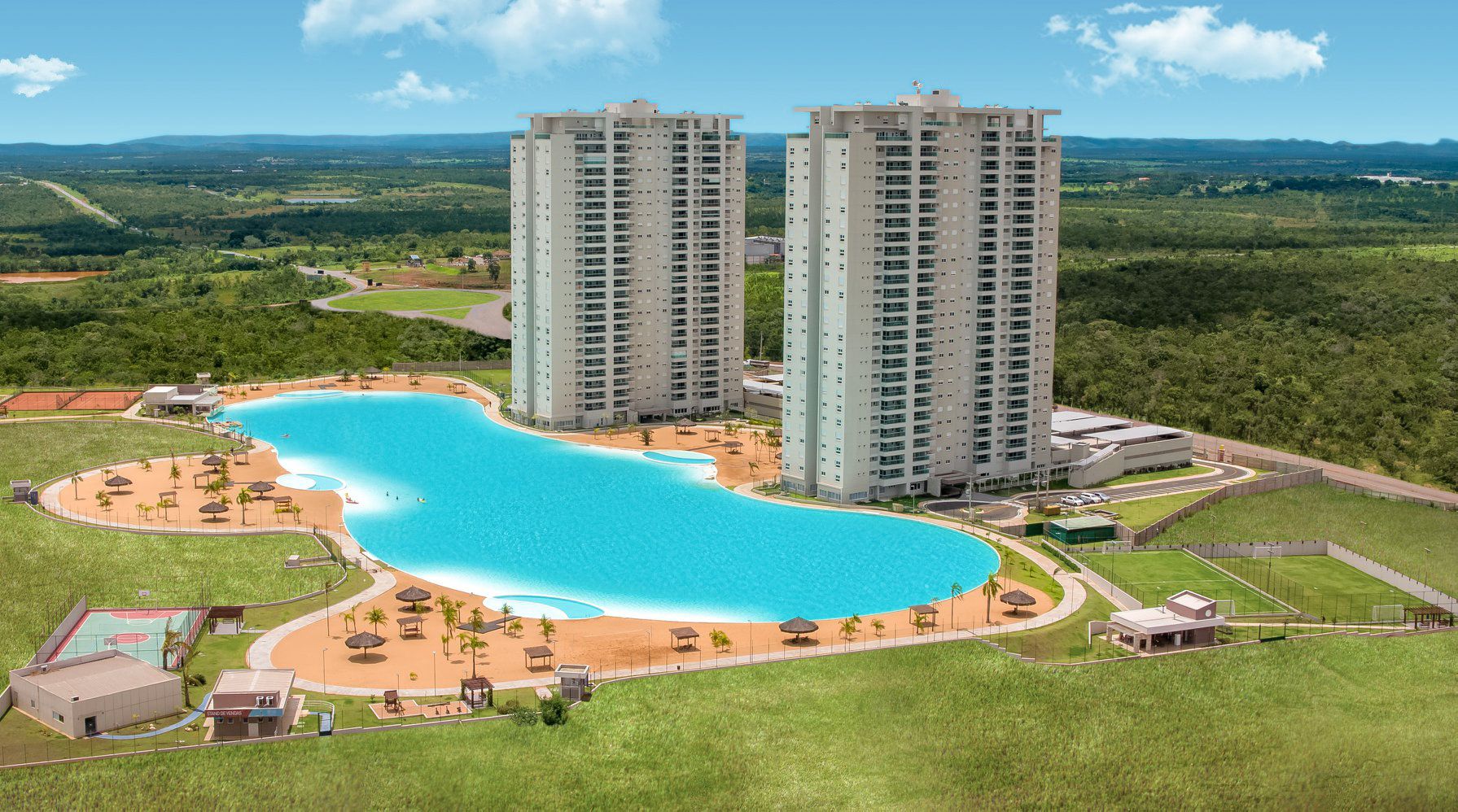 Lagoa Cristalina Crystal Lagoons De Águas Turquesa Com Praia De Areia Branca E Torres Residenciais Ao Fundo