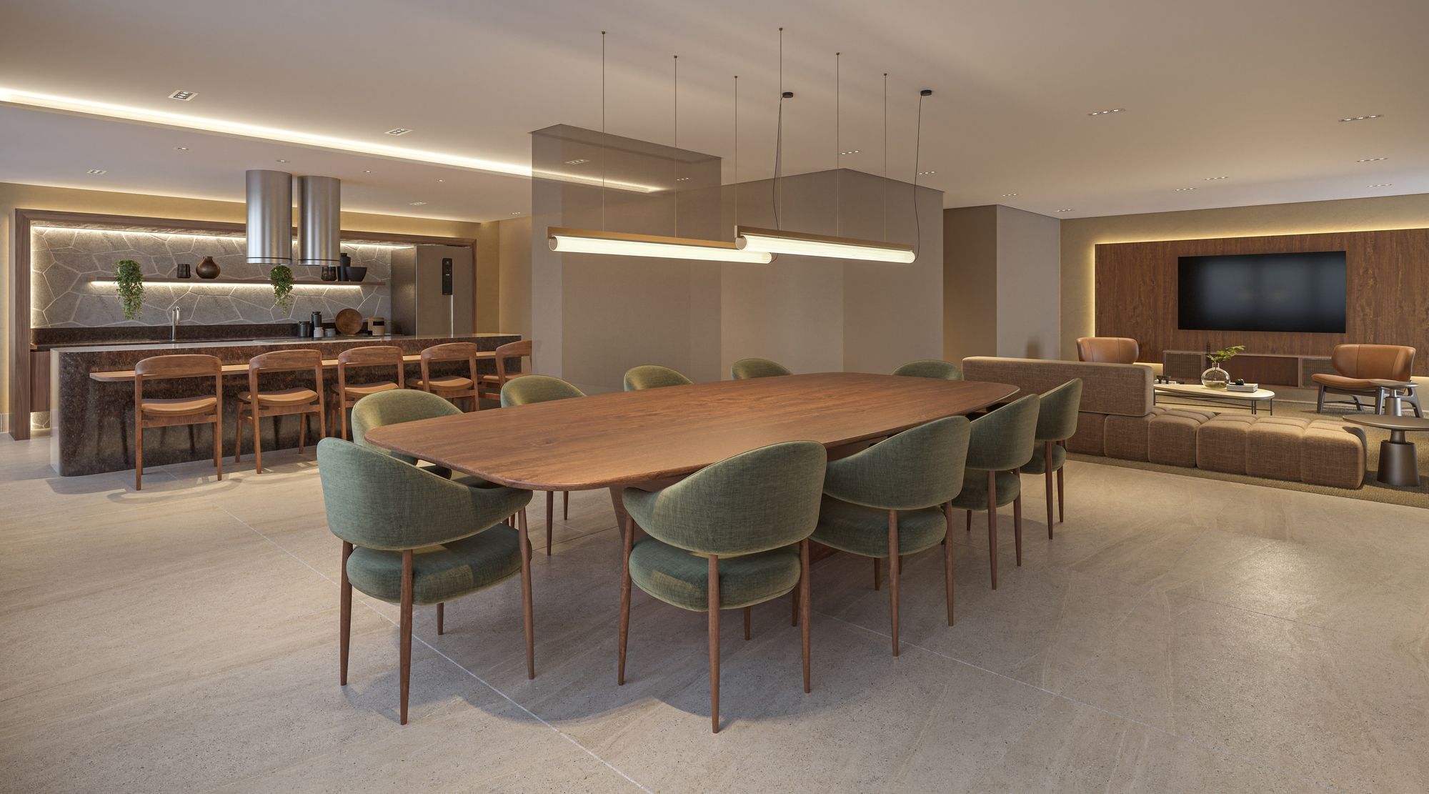 ORBYA Vila Carrão - Salão Gourmet com Mesa de Jantar e Living (Perspectiva Artística) - Lançamento na Av. Conselheiro Carrão na Zona Leste - Diálogo Engenharia
