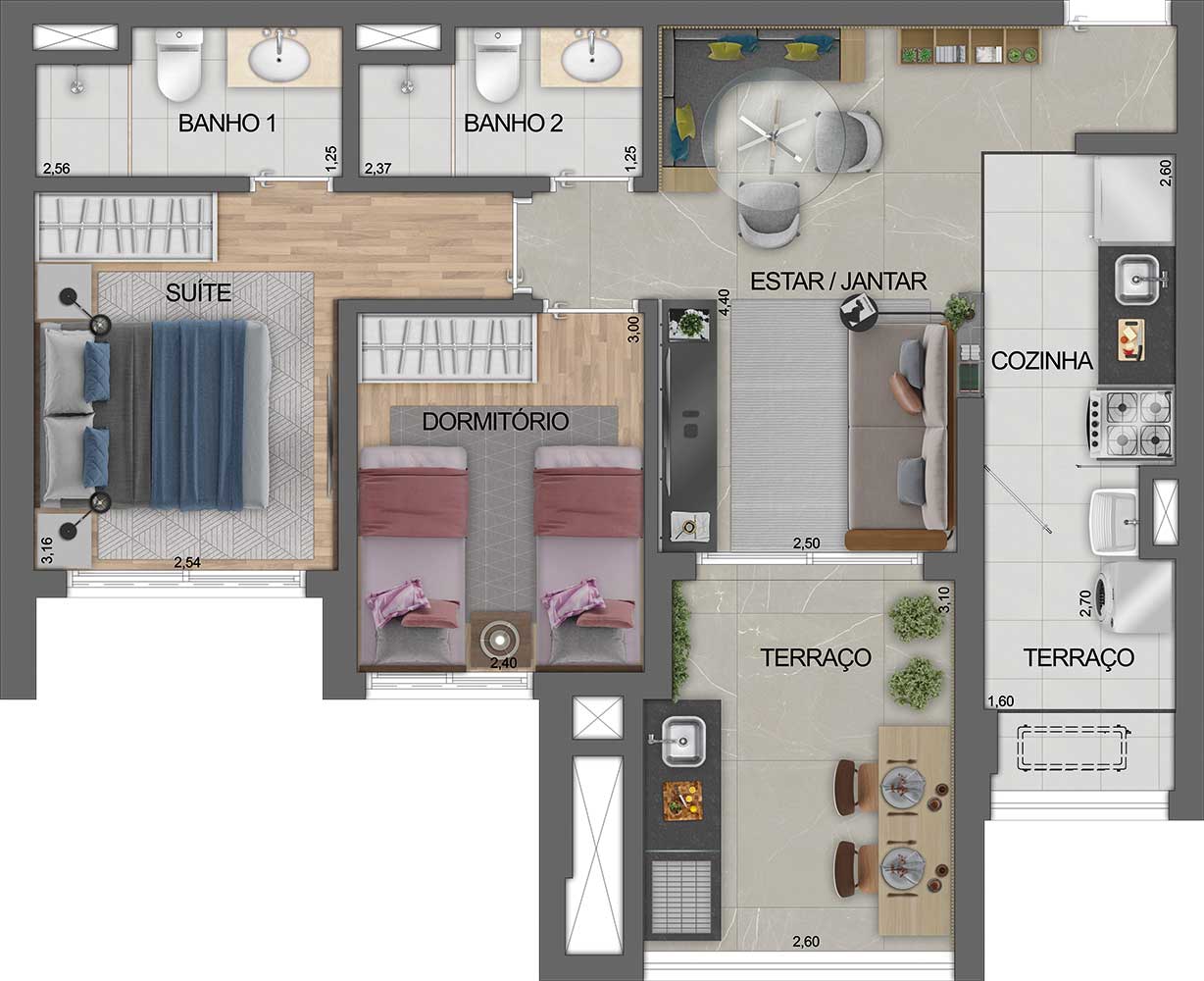 63 e 64 m² — 2 dormitórios (1 suíte) | 1 vaga