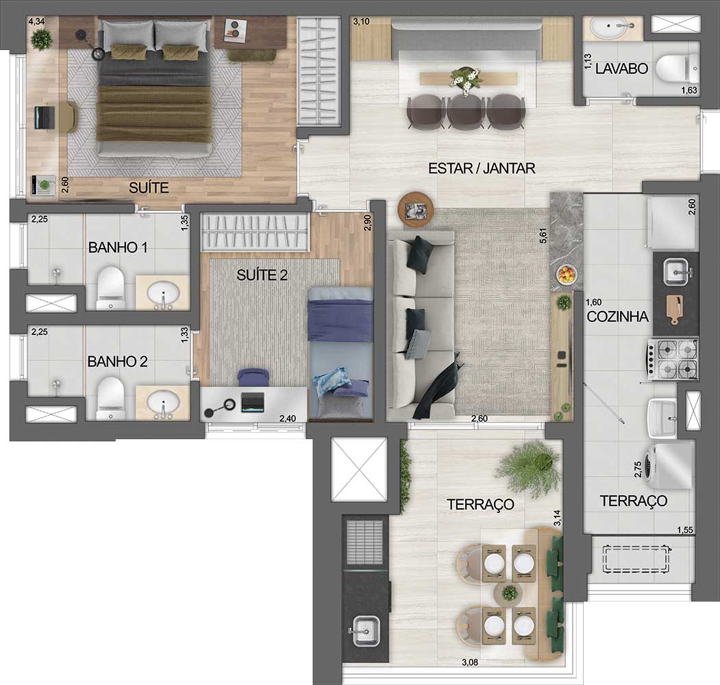 73 m² — 2 suítes | 1 vaga