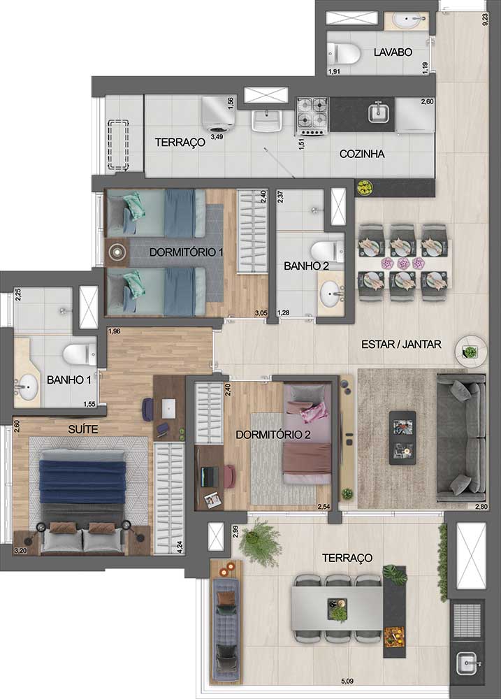 93 m² — 3 dormitórios (1 suíte) ou living ampliado com 2 suítes | 1 ou 2 vagas